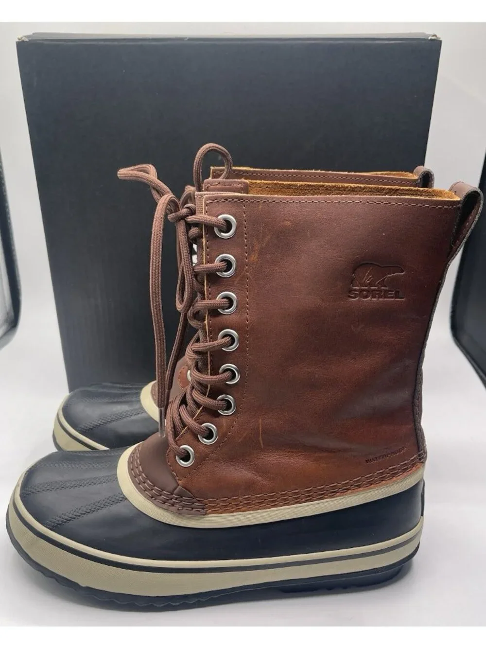 Sorel 1964 Premium‎ Duck Boots Brown Waterproof Leather Size 8.5 Oxford Tan